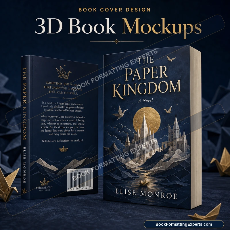 3D book mockup sample by Book Formatting Experts showing a standing hardcover render of a cover