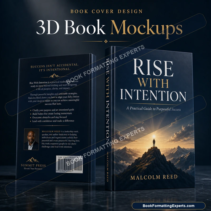 3D book mockup sample by Book Formatting Experts showing an open paperback render