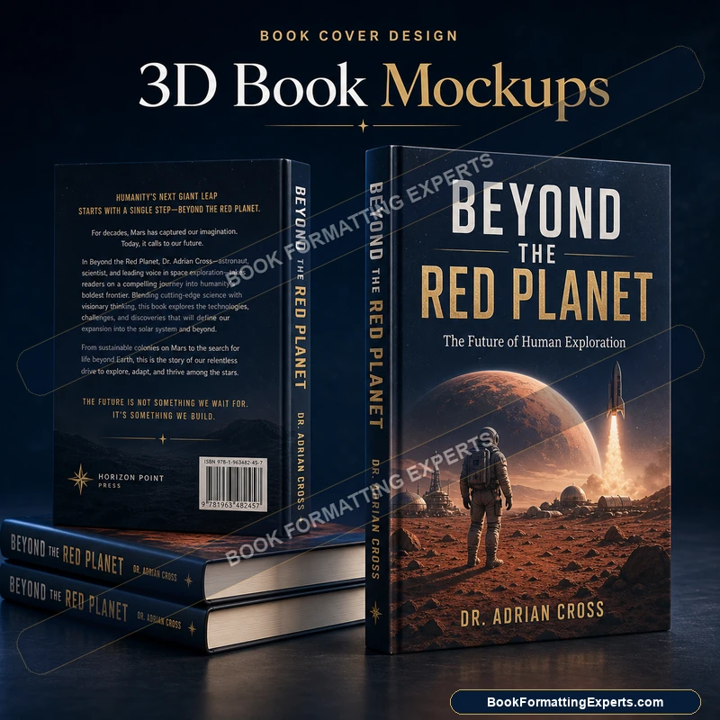 3D book mockup sample by Book Formatting Experts showing a stack of copies render