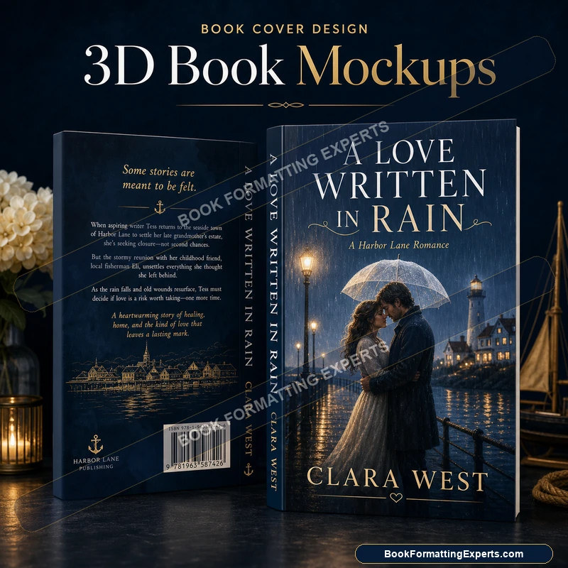 3D book mockup sample by Book Formatting Experts showing a lifestyle scene render with the book in a styled setting