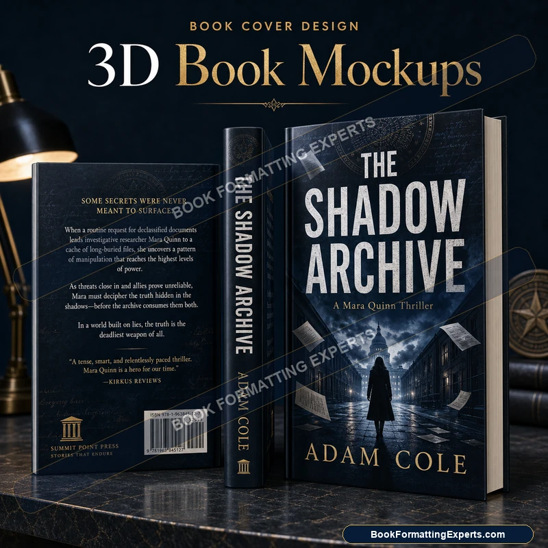 3D book mockup sample by Book Formatting Experts showing a set of social-media-sized renders of one cover