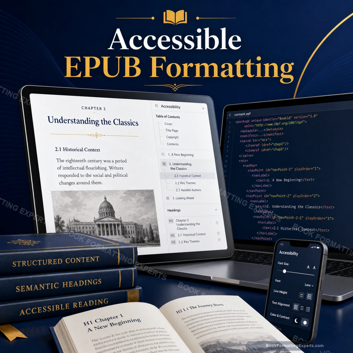 Accessible EPUB Formatting sample showing semantic heading structure