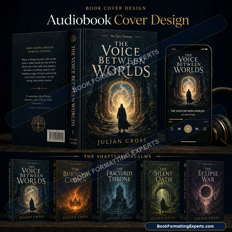 Audiobook cover design sample by Book Formatting Experts showing a clean 2400x2400px square master file