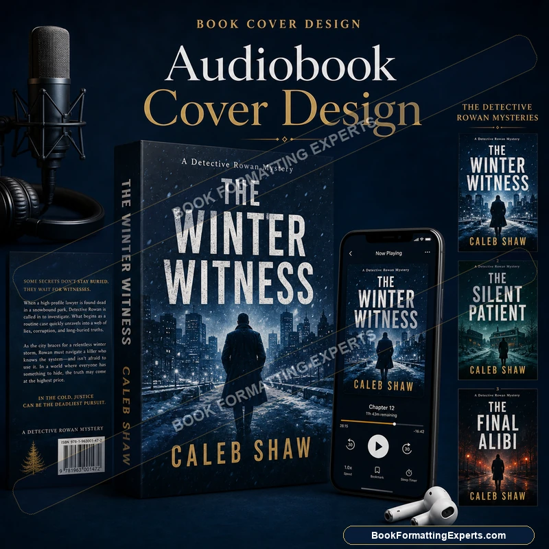 Audiobook cover design sample by Book Formatting Experts showing a print cover re-composed as a square audio cover