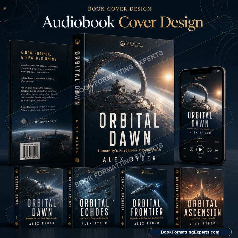 Audiobook cover design sample by Book Formatting Experts showing a matching audio cover in a series set