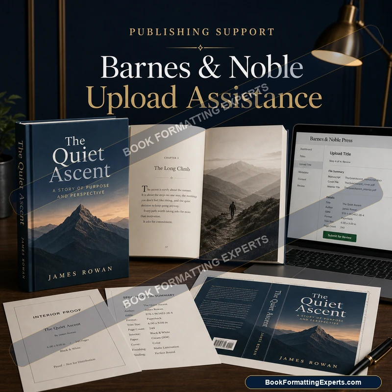 Barnes & Noble upload assistance sample by Book Formatting Experts showing a print interior and cover set up on B&N Press