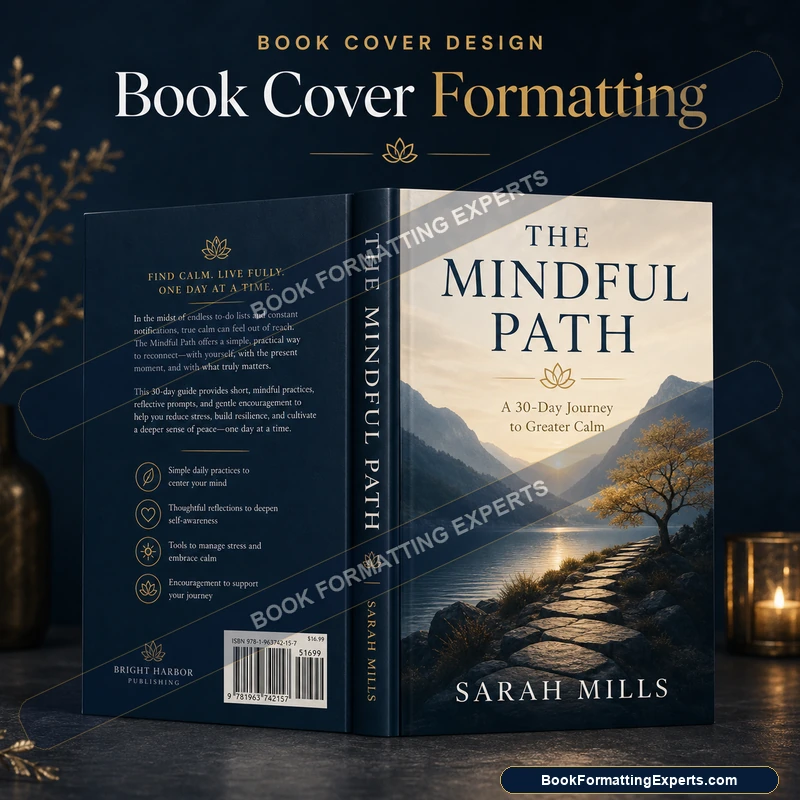 Book cover formatting sample by Book Formatting Experts showing a spine width calculated precisely from the interior page count