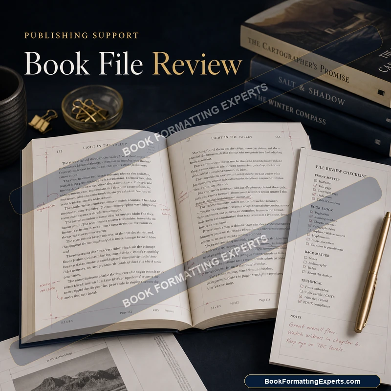 Book file review sample by Book Formatting Experts showing an EPUB validation check with errors located