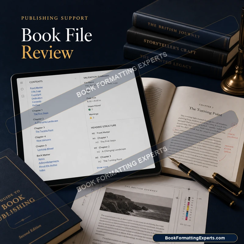 Book file review sample by Book Formatting Experts showing a print preflight report against trim and bleed