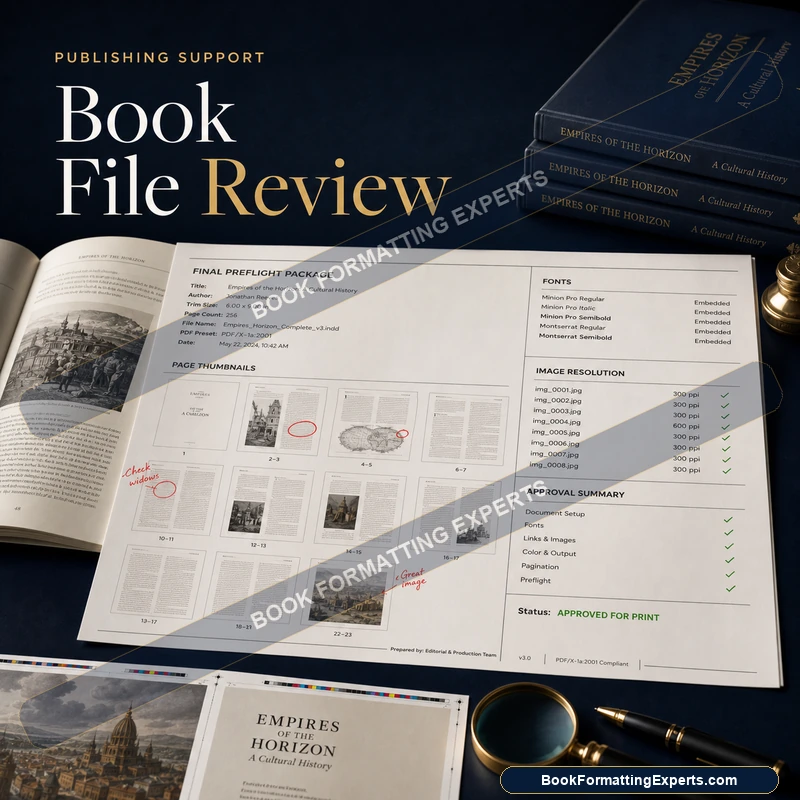 Book file review sample by Book Formatting Experts showing a full pass and fail report for an eBook and print file