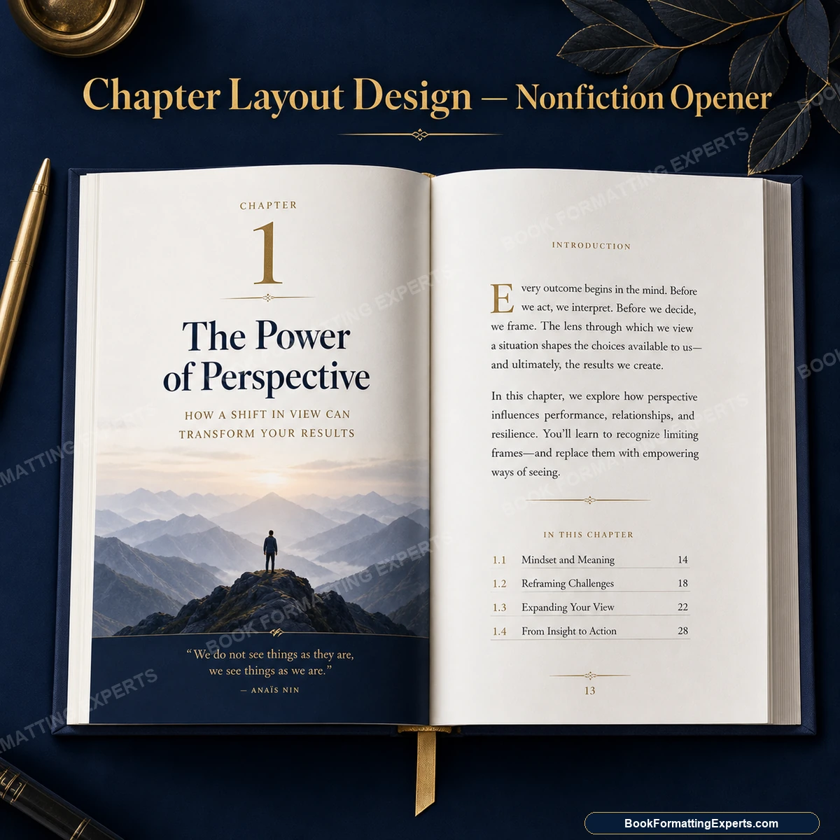 Chapter layout design sample by Book Formatting Experts showing a nonfiction chapter opener with a strong title