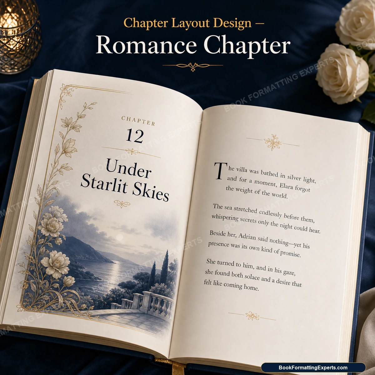 Chapter layout design sample by Book Formatting Experts showing a romance chapter opener with an ornament