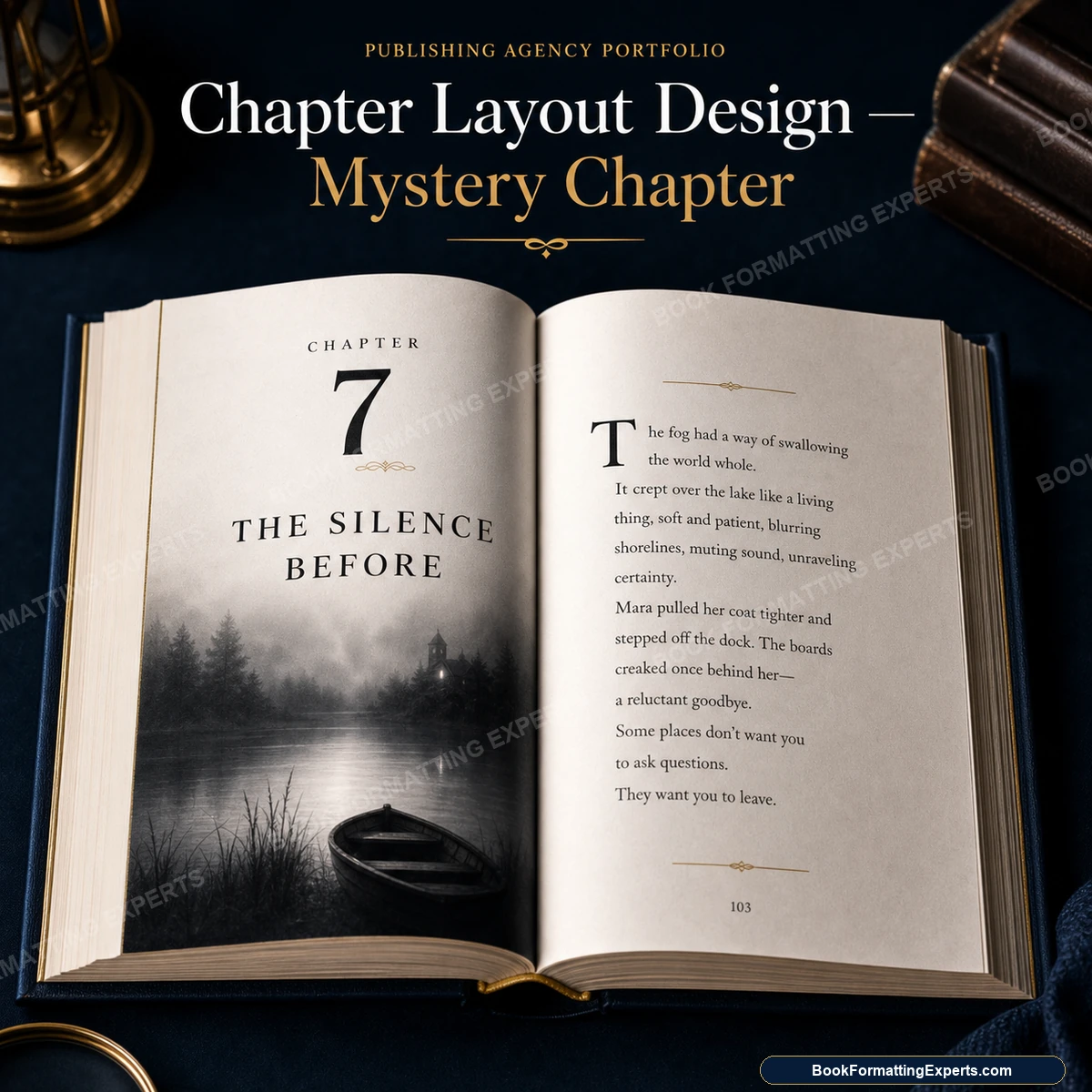 Chapter layout design sample by Book Formatting Experts showing a mystery chapter opener with a spare, tense treatment