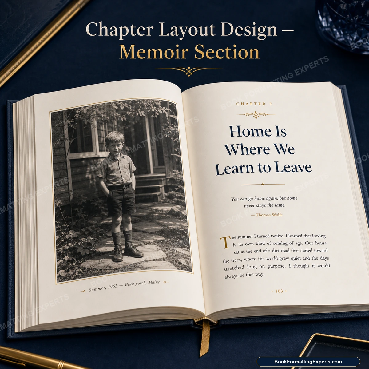 Chapter layout design sample by Book Formatting Experts showing a memoir section divider and opener
