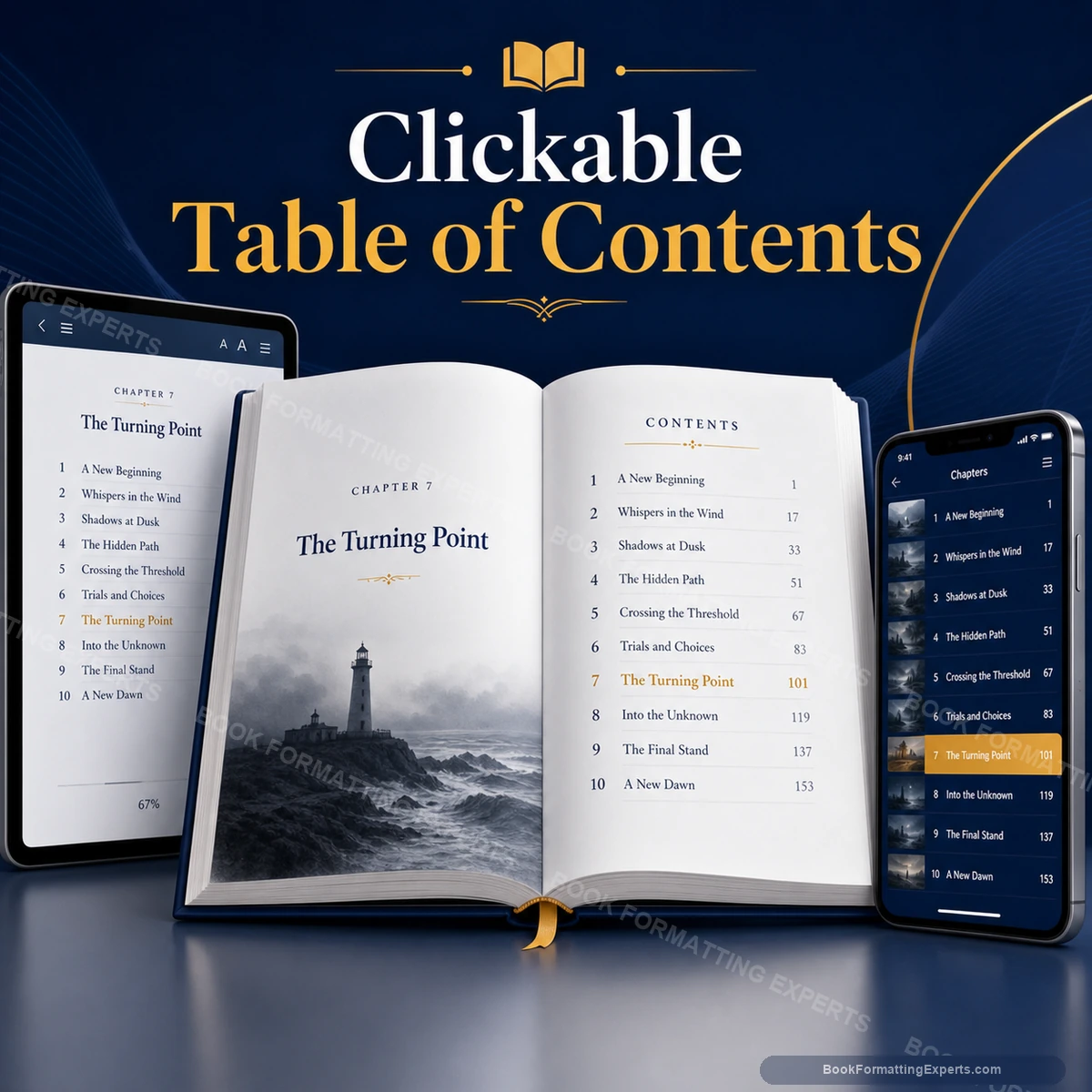 Clickable Table of Contents sample showing fiction chapter navigation