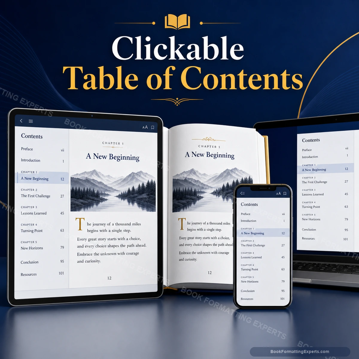 Clickable Table of Contents sample showing toc device preview