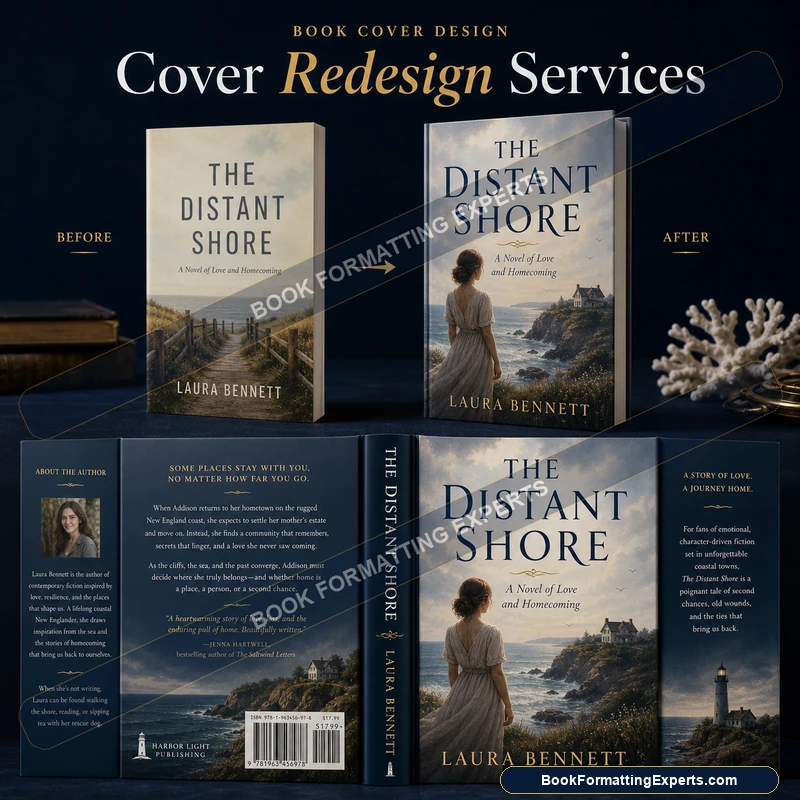 Cover redesign by Book Formatting Experts showing a book cover before and after a professional redesign