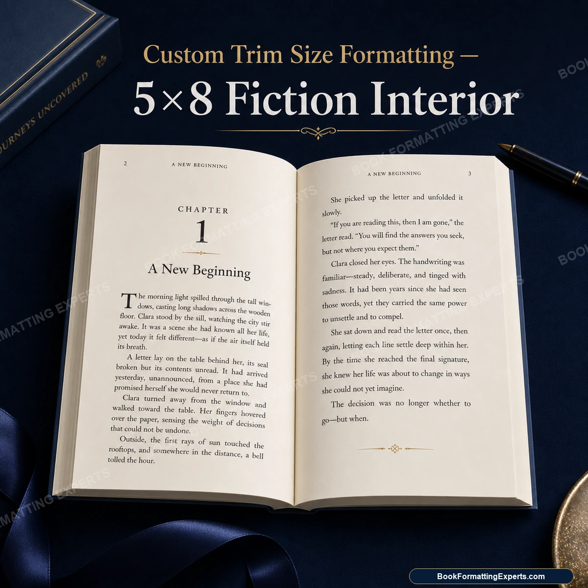Custom trim size formatting sample by Book Formatting Experts showing a compact 5 by 8 fiction interior