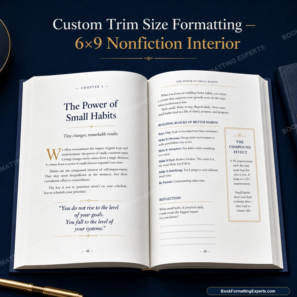 Custom trim size formatting sample by Book Formatting Experts showing a 6 by 9 nonfiction interior with headings