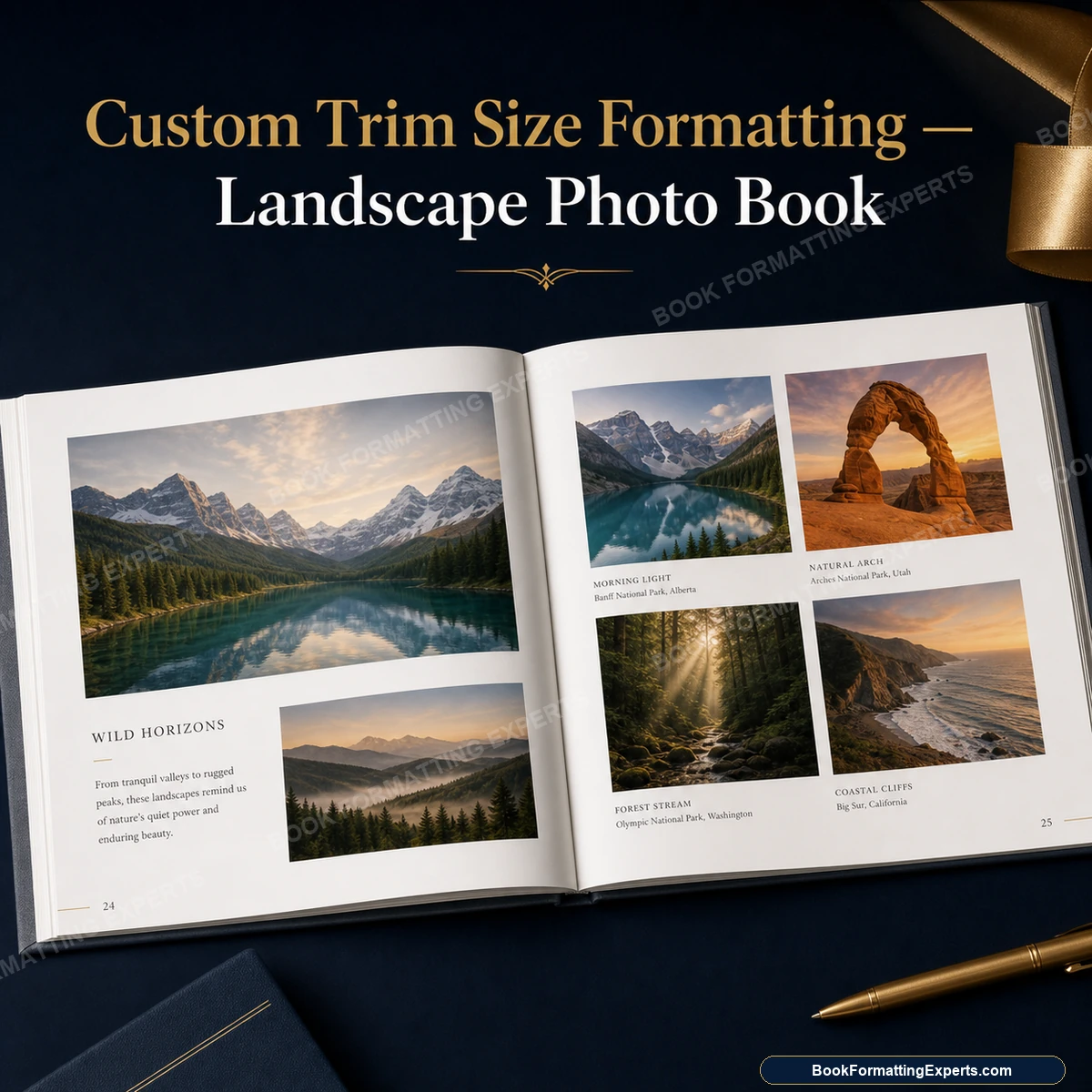 Custom trim size formatting sample by Book Formatting Experts showing a landscape photography book spread