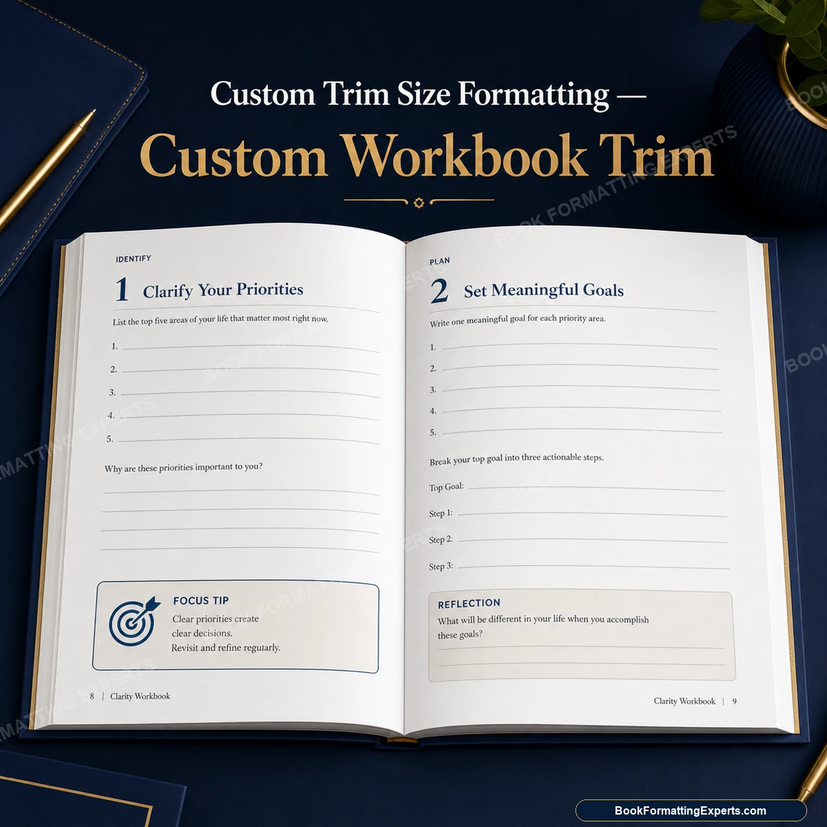 Custom trim size formatting sample by Book Formatting Experts showing a custom workbook interior with write-in areas