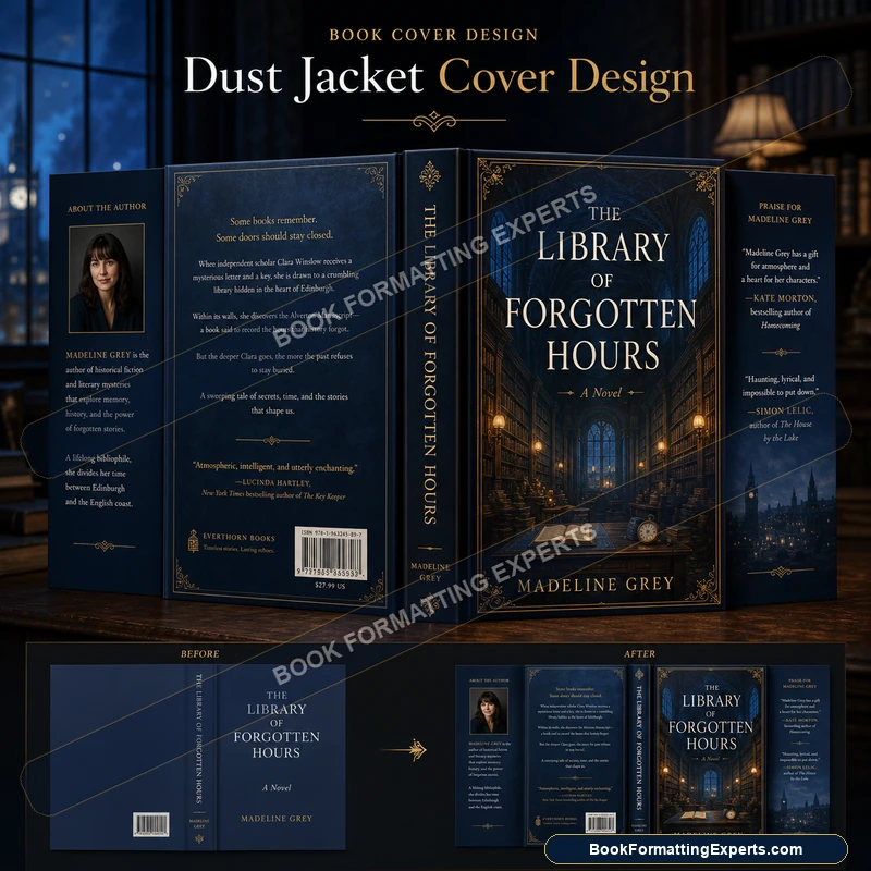 Dust jacket cover design sample by Book Formatting Experts showing a full wrap with front, spine, back and both flaps