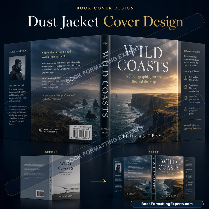Dust jacket cover design sample by Book Formatting Experts showing an inside front flap with a designed blurb