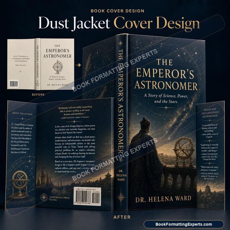 Dust jacket cover design sample by Book Formatting Experts showing an inside back flap with an author bio and photo
