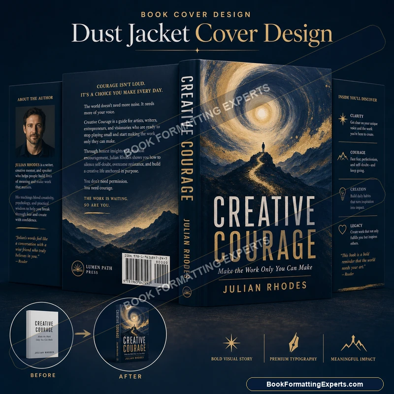 Dust jacket cover design sample by Book Formatting Experts showing a jacket prepared with foil and emboss layers