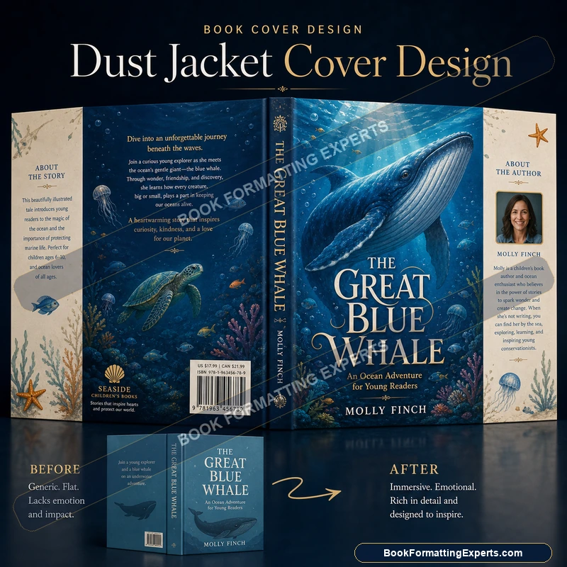 Dust jacket cover design sample by Book Formatting Experts showing a deluxe collector edition dust jacket