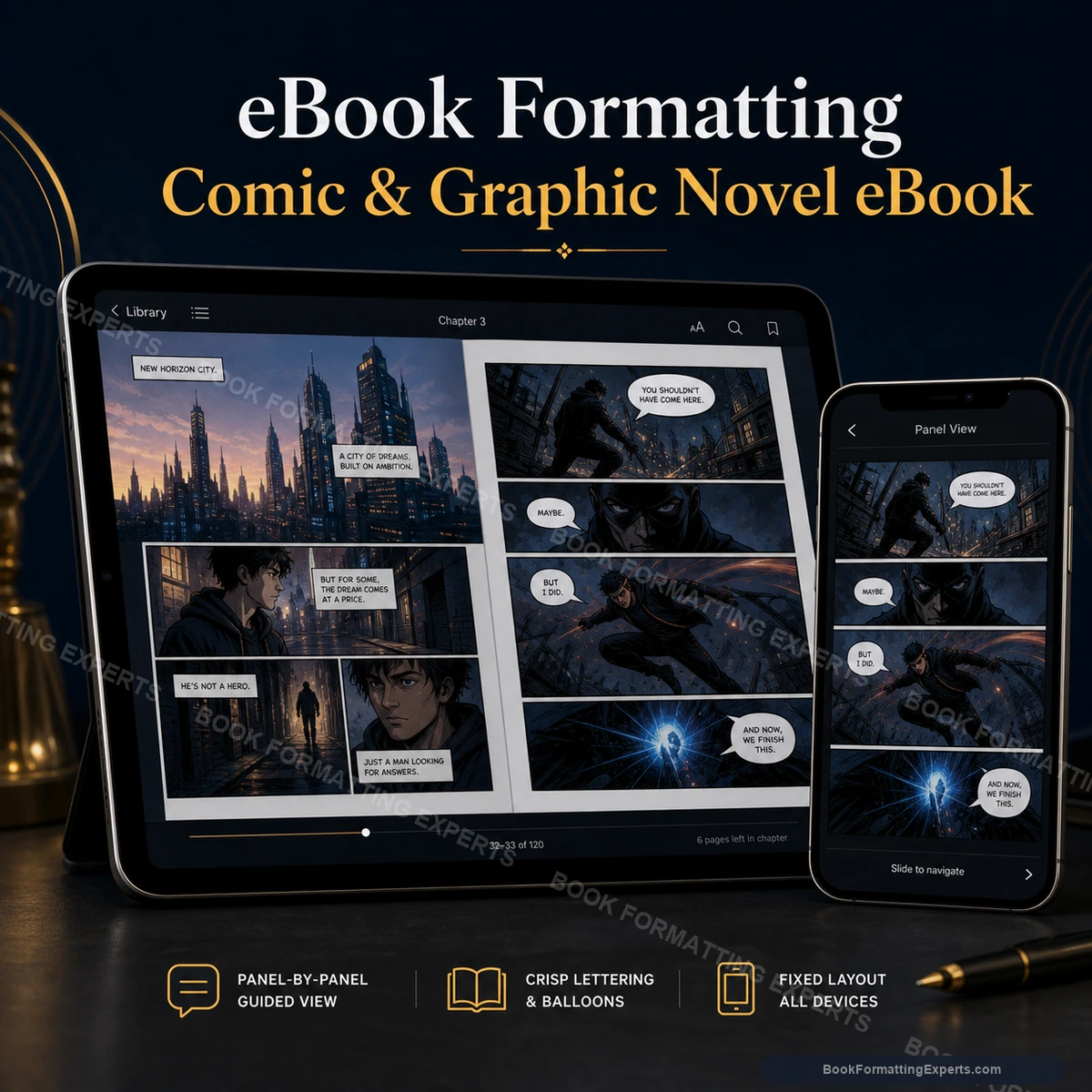 Kindle eBook formatting sample by Book Formatting Experts showing a premium comic and graphic novel ebook interior