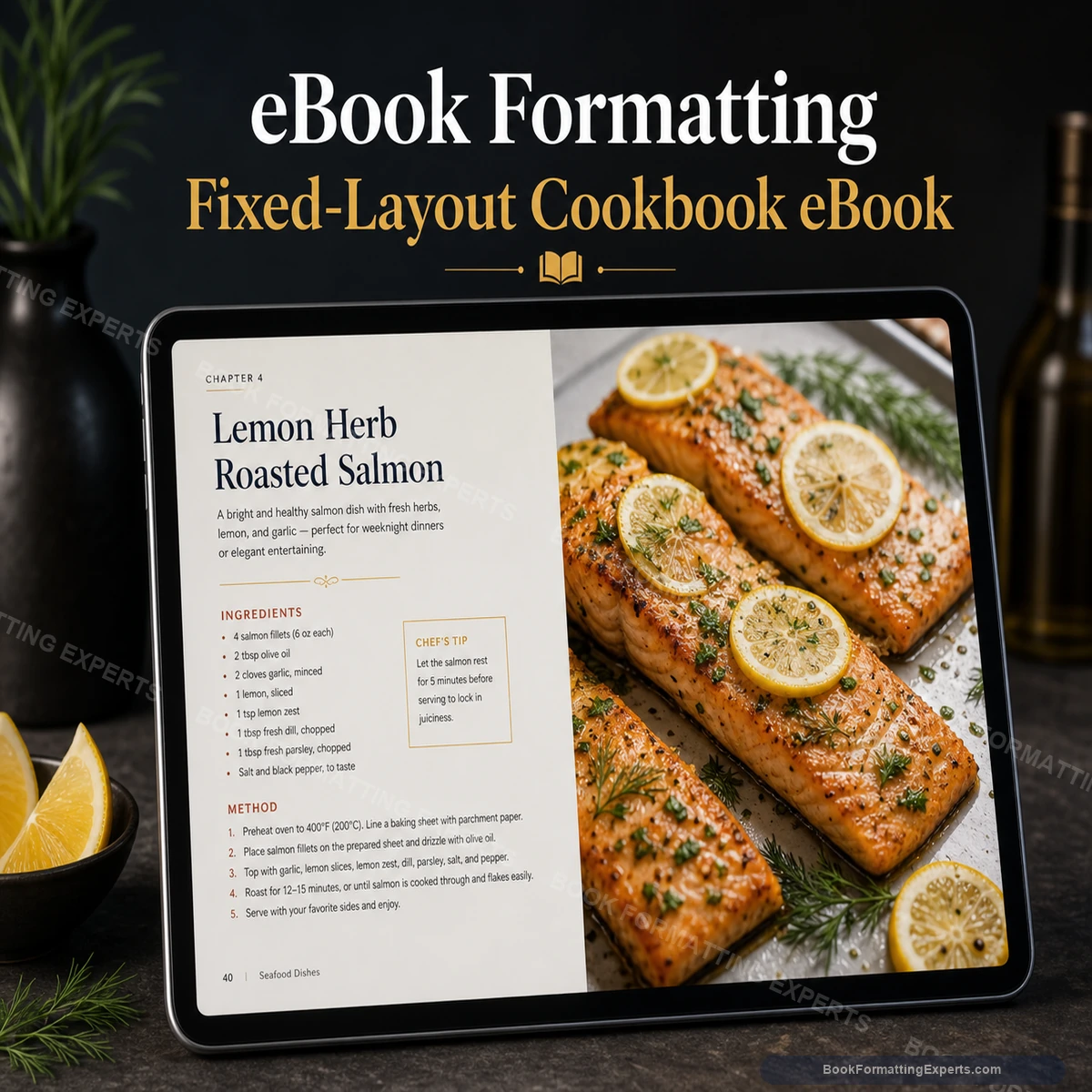 Kindle eBook formatting sample by Book Formatting Experts showing a premium fixed-layout cookbook ebook interior