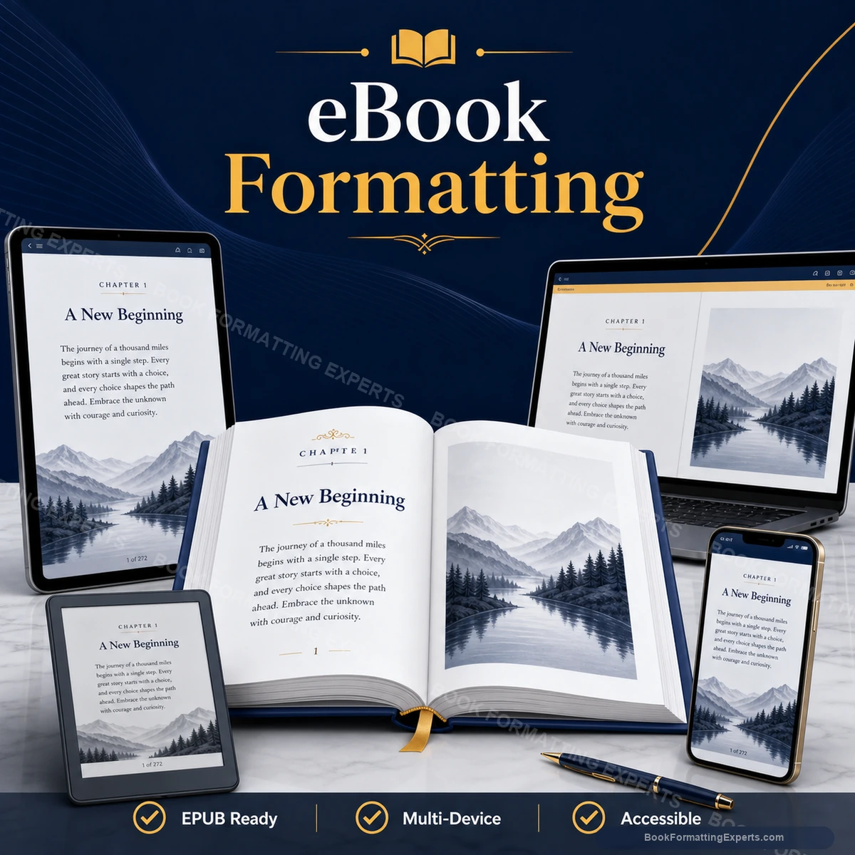 Kindle eBook formatting by Book Formatting Experts showing a professionally typeset reflowable interior on a Kindle device