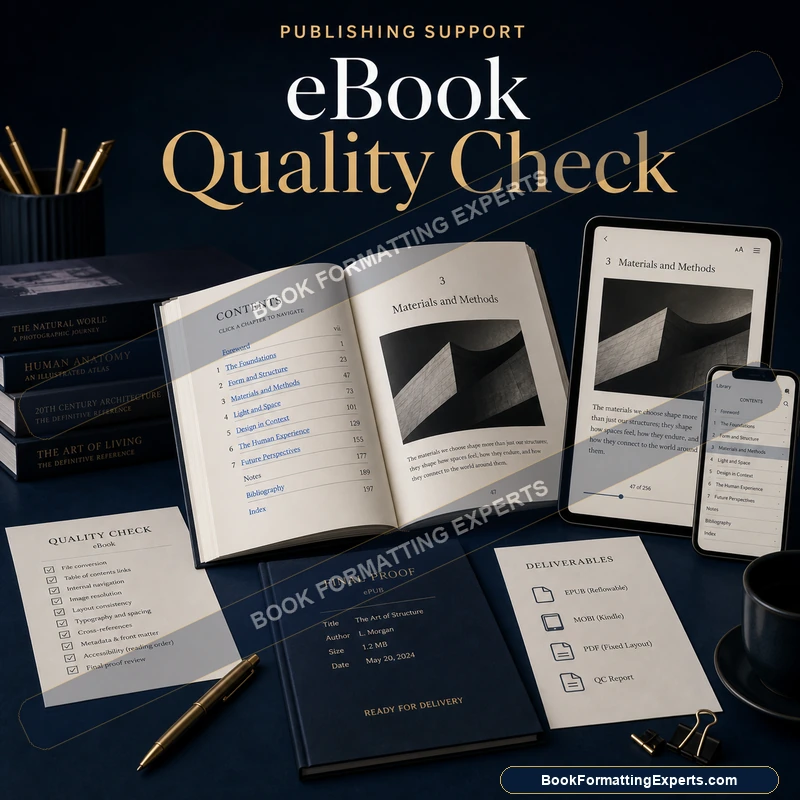 eBook Quality Check sample by Book Formatting Experts showing a clickable table of contents tested entry by entry