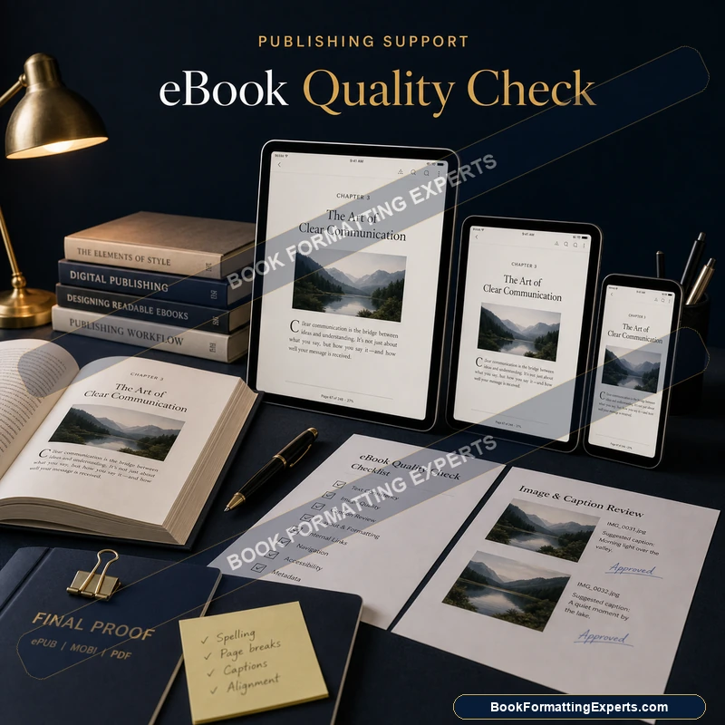 eBook Quality Check sample by Book Formatting Experts showing text reflow tested at several font sizes