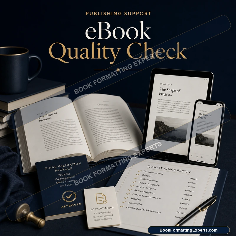 eBook Quality Check sample by Book Formatting Experts showing an eBook checked in light and dark mode