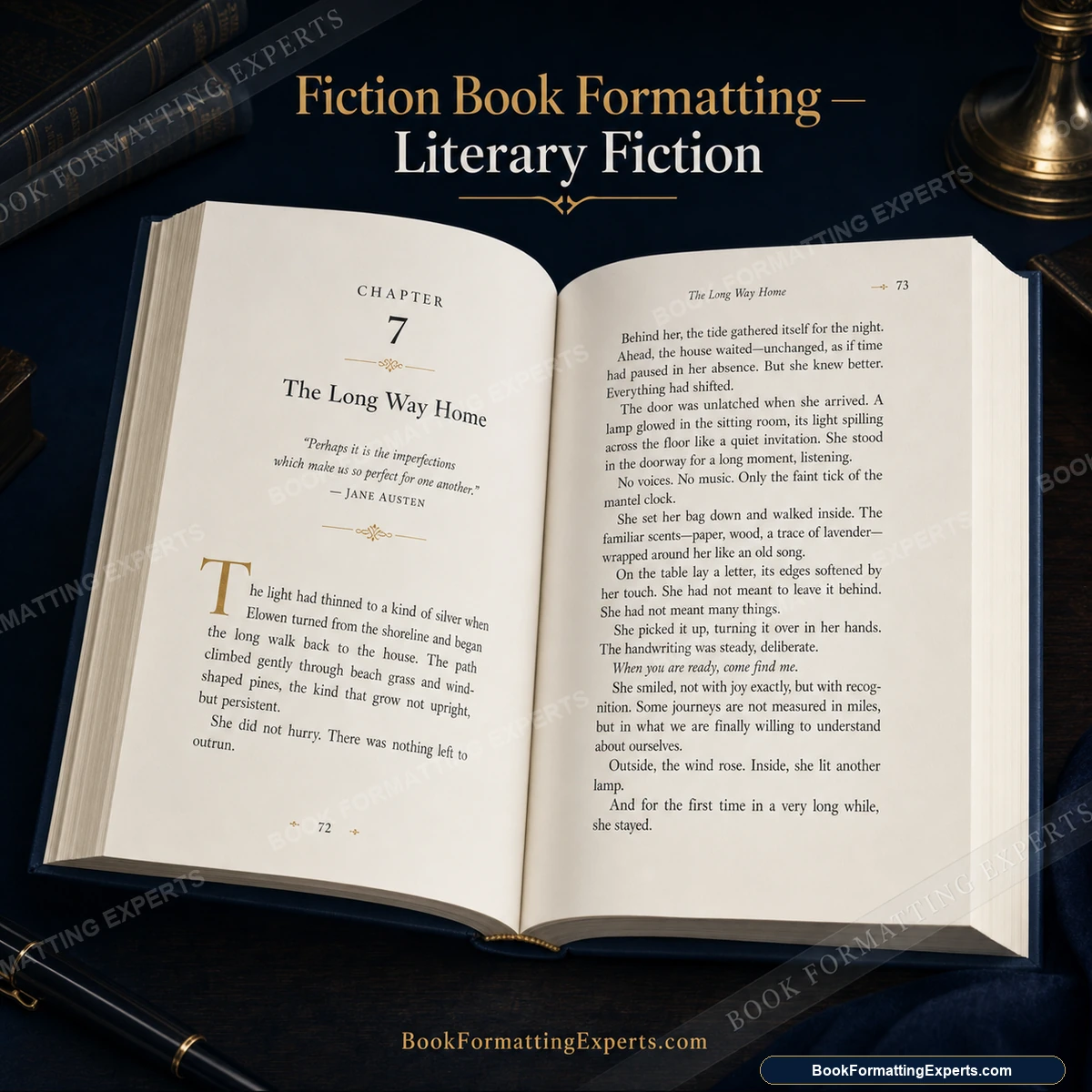 Fiction Book Formatting sample by Book Formatting Experts showing a literary fiction interior with a restrained numeral chapter opener and wide outer margins