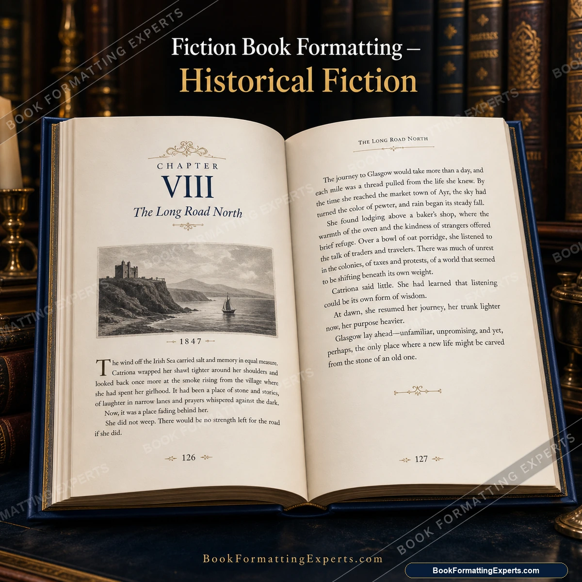 Fiction Book Formatting sample by Book Formatting Experts showing a historical fiction interior with date-and-place standfirsts beneath each chapter number