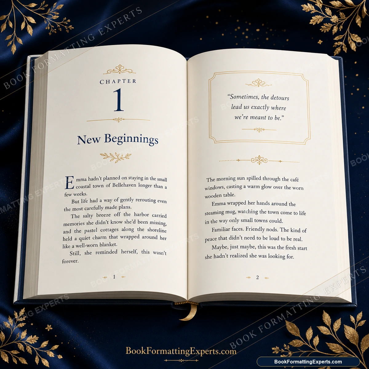 Fiction Book Formatting sample by Book Formatting Experts showing a women's fiction interior with a floral scene-break glyph and named chapter titles