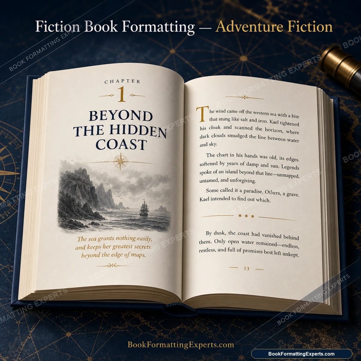 Fiction Book Formatting sample by Book Formatting Experts showing an adventure fiction interior with location headers above short chapter openers