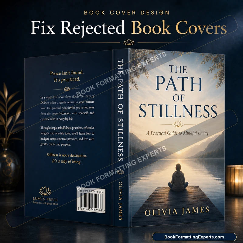 Rejected book cover fix by Book Formatting Experts showing a wrap with a true bleed added to every edge