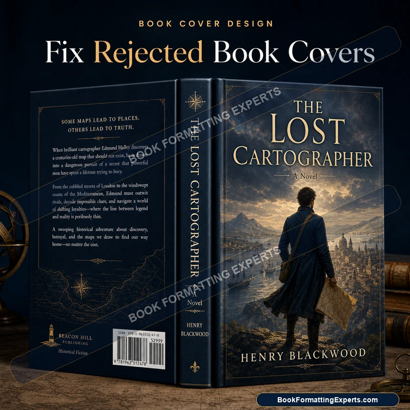 Rejected book cover fix by Book Formatting Experts showing a spine recalculated from the final page count