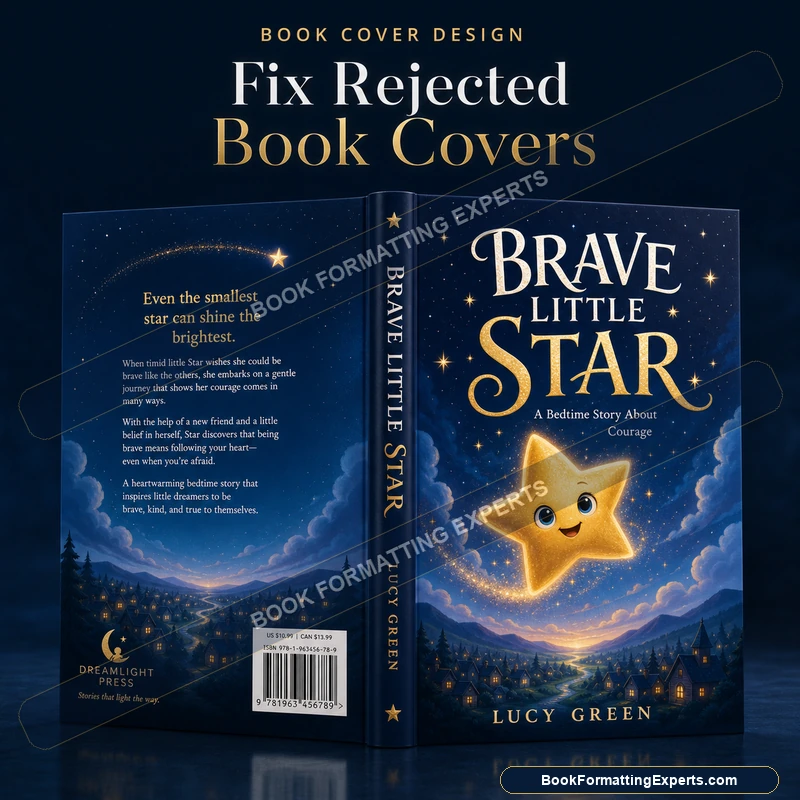 Rejected book cover fix by Book Formatting Experts showing the back-cover barcode zone cleared of artwork