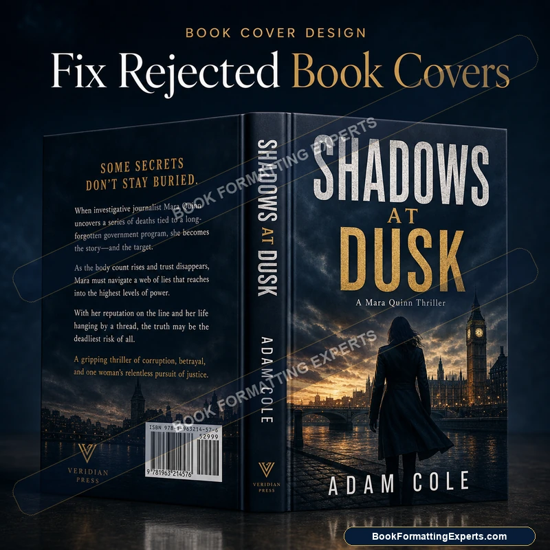 Rejected book cover fix by Book Formatting Experts showing a wrap corrected to the book's real trim size