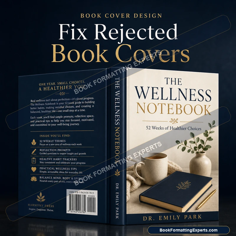 Rejected book cover fix by Book Formatting Experts showing a full front-spine-back wrap rebuilt from a front-only file