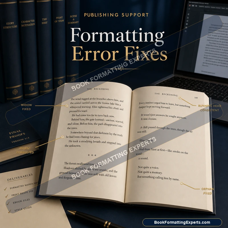 Formatting error fixes sample by Book Formatting Experts showing broken indents repaired to a consistent first-line indent