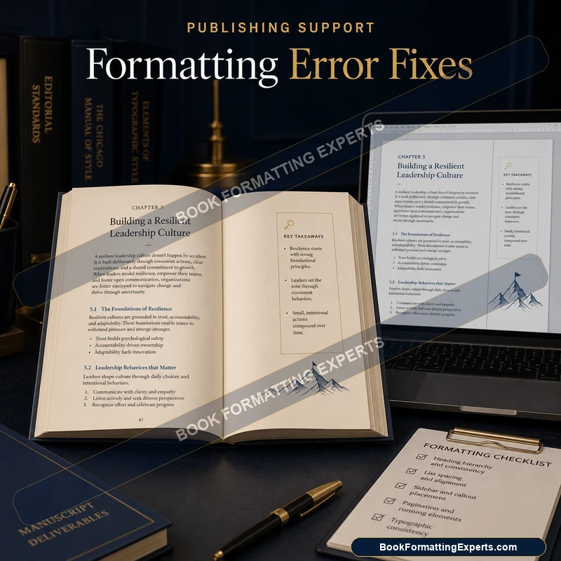 Formatting error fixes sample by Book Formatting Experts showing drifting headings rebuilt on consistent styles