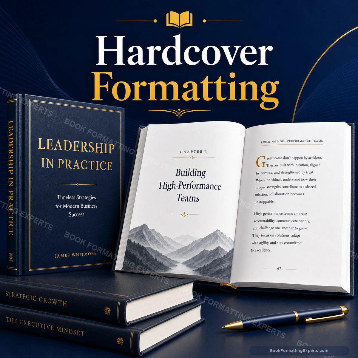 Hardcover formatting sample by Book Formatting Experts showing a business case-bound interior with clean hierarchy