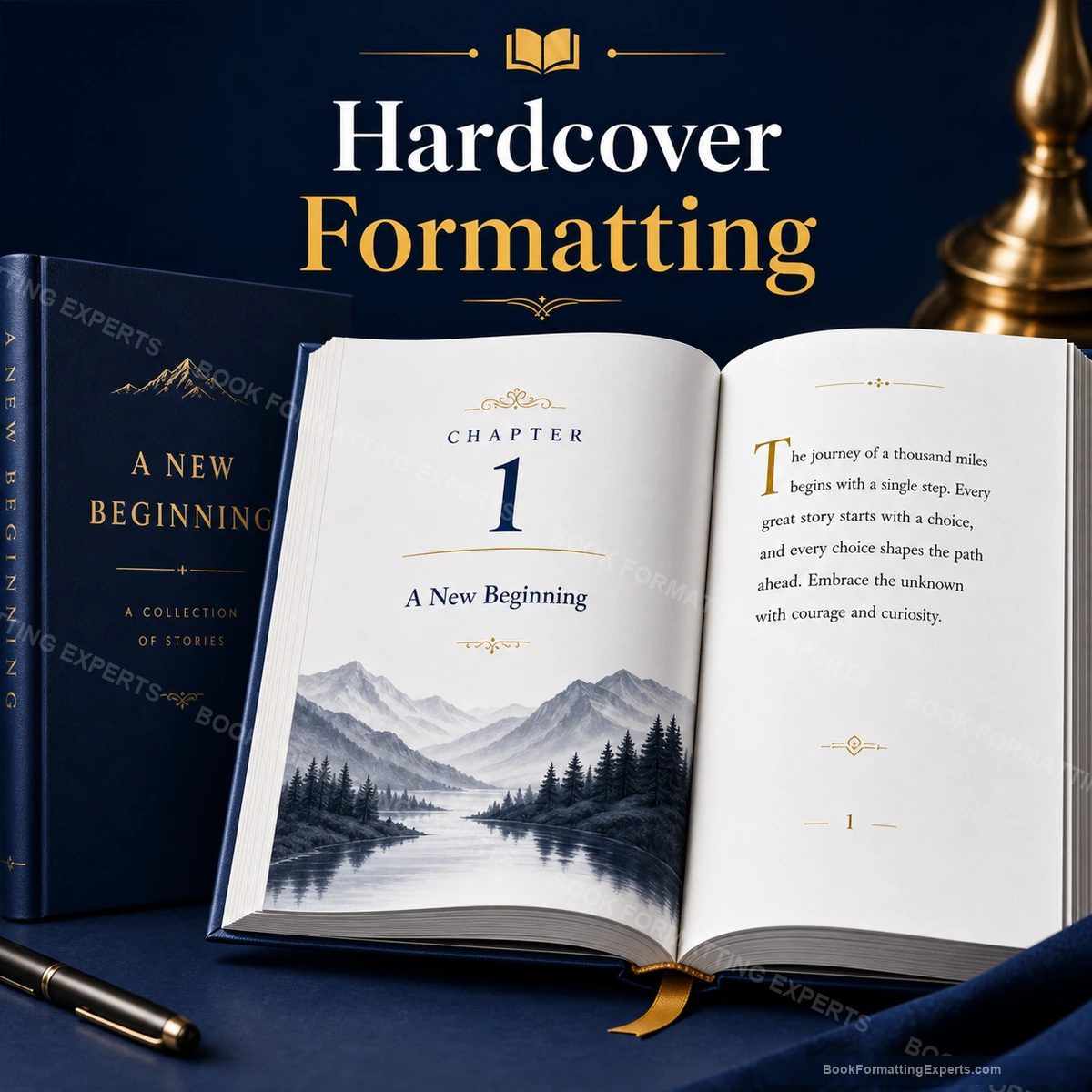 Hardcover formatting sample by Book Formatting Experts showing a collector edition case-bound interior with premium detailing