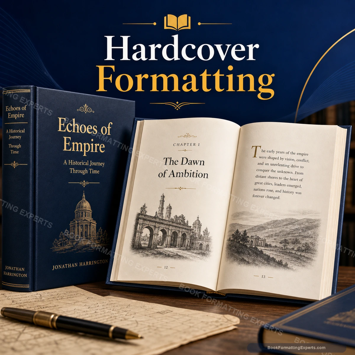 Hardcover formatting sample by Book Formatting Experts showing a historical case-bound interior with maps and footnotes